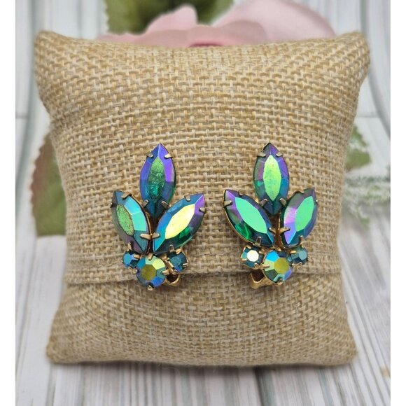 Cool Vintage Blue Iridescent AB Crystal Gold Tone Clip On Earrings Prom Formal - Picture 1 of 5